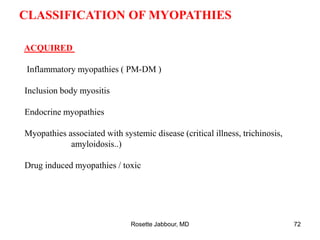 CLASSIFICATION OF MYOPATHIES
ACQUIRED
Inflammatory myopathies ( PM-DM )
Inclusion body myositis
Endocrine myopathies
Myopathies associated with systemic disease (critical illness, trichinosis,
amyloidosis..)
Drug induced myopathies / toxic
Rosette Jabbour, MD 72
 