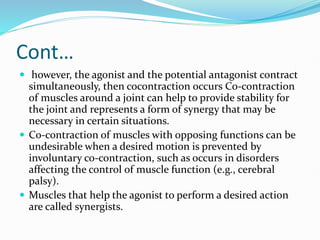 Cont…
 however, the agonist and the potential antagonist contract
simultaneously, then cocontraction occurs Co-contraction
of muscles around a joint can help to provide stability for
the joint and represents a form of synergy that may be
necessary in certain situations.
 Co-contraction of muscles with opposing functions can be
undesirable when a desired motion is prevented by
involuntary co-contraction, such as occurs in disorders
affecting the control of muscle function (e.g., cerebral
palsy).
 Muscles that help the agonist to perform a desired action
are called synergists.
 