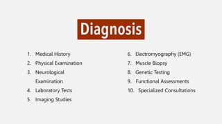 1. Medical History
2. Physical Examination
3. Neurological
Examination
4. Laboratory Tests
5. Imaging Studies
6. Electromyography (EMG)
7. Muscle Biopsy
8. Genetic Testing
9. Functional Assessments
10. Specialized Consultations
 