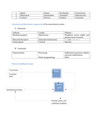 Brain
Spinal
cord
1. Spinal Fastest Involuntary Unconscious
2. Subcortical Intermediate Automatic Subconscious
3. Cortical Slowest Greatest Conscious
Structural and functional components of the sensorimotor system
A. Structural
Afferent Central Efferent
Mechanoreceptors Spinal tracts Peripheral nerves (alpha and
gamma motor neurons)
Muscular Receptors Subcortical (brainstem) ------do--------------
Exteroceptors Cortical Muscles
B. Functional
Proprioception Processing
Motor programming
Stabilization (postural stability
and joint stabilization)
Most
Postural stabilization loop:
Visual Input
Vestibular
Input
Somatosensory Input
Muscles, joints, and
cutaneous receptors
 