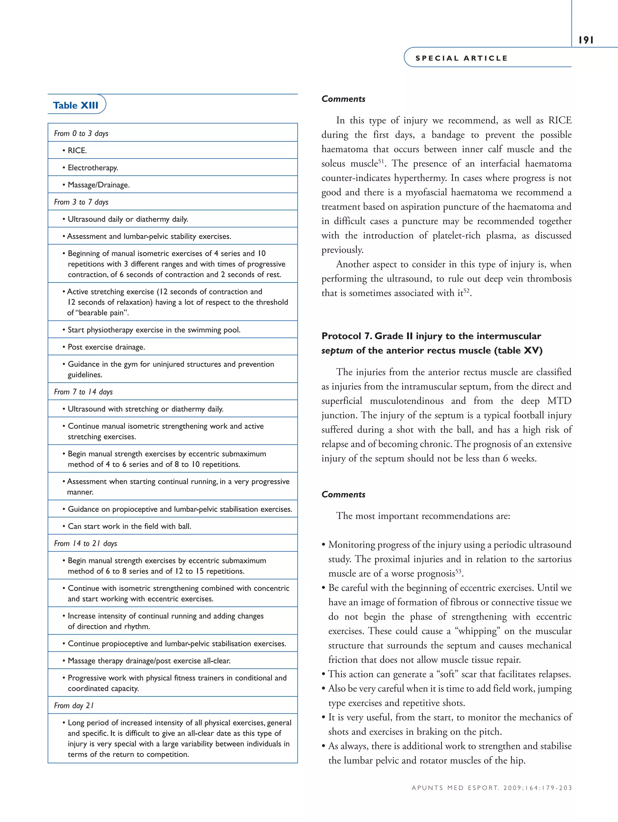 S P E C I A L A R T I C L E
191
a p u n t s m e d e s p o r t. 2 0 0 9 ; 1 6 4 : 1 7 9 - 2 0 3
From 0 to 3 days
  • RICE.
  • Electrotherapy.
  • Massage/Drainage.
From 3 to 7 days
  • Ultrasound daily or diathermy daily.
  • Assessment and lumbar-pelvic stability exercises.
  • Beginning of manual isometric exercises of 4 series and 10
repetitions with 3 different ranges and with times of progressive
contraction, of 6 seconds of contraction and 2 seconds of rest.
  • Active stretching exercise (12 seconds of contraction and
12 seconds of relaxation) having a lot of respect to the threshold
of “bearable pain”.
  • Start physiotherapy exercise in the swimming pool.
  • Post exercise drainage.
  • Guidance in the gym for uninjured structures and prevention
guidelines.
From 7 to 14 days
  • Ultrasound with stretching or diathermy daily.
  • Continue manual isometric strengthening work and active
stretching exercises.
  • Begin manual strength exercises by eccentric submaximum
method of 4 to 6 series and of 8 to 10 repetitions.
  • Assessment when starting continual running, in a very progressive
manner.
  • Guidance on propioceptive and lumbar-pelvic stabilisation exercises.
  • Can start work in the field with ball.
From 14 to 21 days
  • Begin manual strength exercises by eccentric submaximum
method of 6 to 8 series and of 12 to 15 repetitions.
  • Continue with isometric strengthening combined with concentric
and start working with eccentric exercises.
  • Increase intensity of continual running and adding changes
of direction and rhythm.
  • Continue propioceptive and lumbar-pelvic stabilisation exercises.
  • Massage therapy drainage/post exercise all-clear.
  • Progressive work with physical fitness trainers in conditional and
coordinated capacity.
From day 21
  • Long period of increased intensity of all physical exercises, general
and specific. It is difficult to give an all-clear date as this type of
injury is very special with a large variability between individuals in
terms of the return to competition.
Table XIII
Comments
In this type of injury we recommend, as well as RICE
during the first days, a bandage to prevent the possible
haematoma that occurs between inner calf muscle and the
soleus muscle51
. The presence of an interfacial haematoma
counter-indicates hyperthermy. In cases where progress is not
good and there is a myofascial haematoma we recommend a
treatment based on aspiration puncture of the haematoma and
in difficult cases a puncture may be recommended together
with the introduction of platelet-rich plasma, as discussed
previously.
Another aspect to consider in this type of injury is, when
performing the ultrasound, to rule out deep vein thrombosis
that is sometimes associated with it52
.
Protocol 7. Grade II injury to the intermuscular
septum of the anterior rectus muscle (table XV)
The injuries from the anterior rectus muscle are classified
as injuries from the intramuscular septum, from the direct and
superficial musculotendinous and from the deep MTD
junction. The injury of the septum is a typical football injury
suffered during a shot with the ball, and has a high risk of
relapse and of becoming chronic. The prognosis of an extensive
injury of the septum should not be less than 6 weeks.
Comments
The most important recommendations are:
• Monitoring progress of the injury using a periodic ultrasound
study. The proximal injuries and in relation to the sartorius
muscle are of a worse prognosis53
.
• Be careful with the beginning of eccentric exercises. Until we
have an image of formation of fibrous or connective tissue we
do not begin the phase of strengthening with eccentric
exercises. These could cause a “whipping” on the muscular
structure that surrounds the septum and causes mechanical
friction that does not allow muscle tissue repair.
• This action can generate a “soft” scar that facilitates relapses.
• Also be very careful when it is time to add field work, jumping
type exercises and repetitive shots.
• It is very useful, from the start, to monitor the mechanics of
shots and exercises in braking on the pitch.
• As always, there is additional work to strengthen and stabilise
the lumbar pelvic and rotator muscles of the hip.
06 Articulo especial (179-203).i191 191 9/12/09 12:56:24
Documento descargado de http://www.apunts.org el 20/12/2009. Copia para uso personal, se prohíbe la transmisión de este documento por cualquier medio o formato.
 