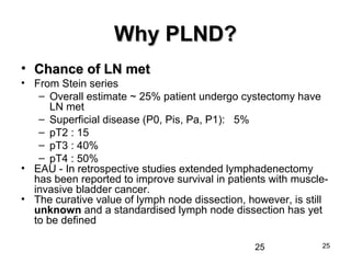25
Why PLND?Why PLND?
• Chance of LN metChance of LN met
• From Stein series
– Overall estimate ~ 25% patient undergo cystectomy have
LN met
– Superficial disease (P0, Pis, Pa, P1): 5%
– pT2 : 15
– pT3 : 40%
– pT4 : 50%
• EAU - In retrospective studies extended lymphadenectomy
has been reported to improve survival in patients with muscle-
invasive bladder cancer.
• The curative value of lymph node dissection, however, is still
unknown and a standardised lymph node dissection has yet
to be defined
25
 