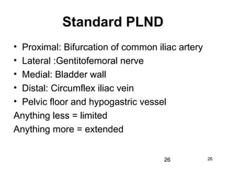 26
Standard PLND
• Proximal: Bifurcation of common iliac artery
• Lateral :Gentitofemoral nerve
• Medial: Bladder wall
• Distal: Circumflex iliac vein
• Pelvic floor and hypogastric vessel
Anything less = limited
Anything more = extended
26
 