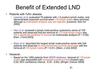 31
Benefit of Extended LND
• Patients with TxN+ disease
– Leissner et al. evaluated 79 patients with < 5 positive lymph nodes, and
demonstrated improved survival when >16 lymph nodes were removed,
although a multivariate analysis was not reported. [Leissner, BJU Int
2000]
– Herr et al. reviewed a lymph node-positive cystectomy series of 162
patients and observed that the removal of >13 total lymph nodes was
not a significant predictor of survival on multivariate analysis (P = 0.56).
[Herr, J Urol 2003]
– Stein et al. described the largest lymph node-positive series with 244
patients and observed no recurrence-free survival advantage with the
removal of ≥15 lymph nodes (P = 0.21). [Stein, J Urol 2003]
• However:
– Based on the 1260 patients from SEER database, removal of >10 lymph
nodes was associated with increased overall survival (hazard ratio,
0.52; 95% confidence interval , 0.43 - 0.64). [Wright, Cancer 2009]
 