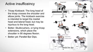 Active insufficeincy
• Tricep Kickback: The long head of
the tricep crosses the shoulder and
elbow joints. The kickback exercise
is intended to target the medial
head and lateral head, but may be
injurious to the long head.
• Better: Skullcrushers, or lying tricep
extensions, which place the
shoulder in 90 degrees flexion.
• Better yet: Parallel Bar Dips.
 