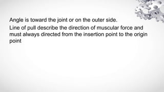Angle is toward the joint or on the outer side.
Line of pull describe the direction of muscular force and
must always directed from the insertion point to the origin
point
 