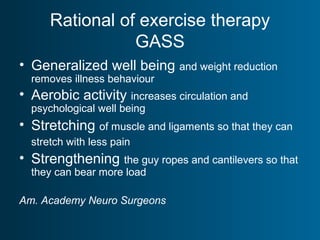 Rational of exercise therapy
GASS
• Generalized well being and weight reduction
removes illness behaviour
• Aerobic activity increases circulation and
psychological well being
• Stretching of muscle and ligaments so that they can
stretch with less pain
• Strengthening the guy ropes and cantilevers so that
they can bear more load
Am. Academy Neuro Surgeons
 