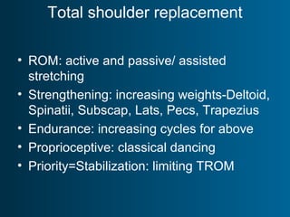 Total shoulder replacement
• ROM: active and passive/ assisted
stretching
• Strengthening: increasing weights-Deltoid,
Spinatii, Subscap, Lats, Pecs, Trapezius
• Endurance: increasing cycles for above
• Proprioceptive: classical dancing
• Priority=Stabilization: limiting TROM
 