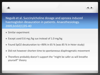 Neguib et al. Succinylcholine dosage and apnoea induced
haemoglobin desauration in patients. Anaesthesiology.
2005;b102(1)35-40
 Similar experiment
 Except used 0.6 mg /kg sux instead of 1.0 mg/kg
 Found SpO2 desaturation to <90% in 65 % (was 85 % in Heier study)
 Did not however shorten time to spontaneous diaphragmatic movement
 Therefore probably doesn’t support the “might be safer as will breathe
yourself” theory
 