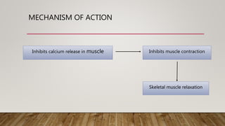 MECHANISM OF ACTION
Inhibits calcium release in muscle Inhibits muscle contraction
Skeletal muscle relaxation
 
