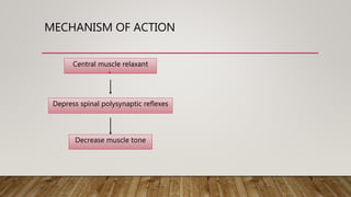 MECHANISM OF ACTION
Central muscle relaxant
Depress spinal polysynaptic reflexes
Decrease muscle tone
 