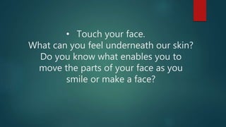• Touch your face.
What can you feel underneath our skin?
Do you know what enables you to
move the parts of your face as you
smile or make a face?
 