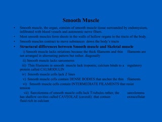 Smooth Muscle Smooth muscle, the organ, consists of smooth muscle tissue surrounded by endomysium, infiltrated with blood vessels and autonomic nerve fibers. Most smooth muscles form sheets in the walls of hollow organs in the tracts of the body. Smooth muscles contract to move substances  down the body’s tracts Structural differences between Smooth muscle and Skeletal muscle   i) Smooth muscle lacks striations because the thick filaments and thin  filaments are not arranged in alternating pattern but rather, diagonally ii) Smooth muscle lacks sarcomeres iii)  Thin filaments in smooth  muscle lack troponin; calcium binds to a  regulatory protein called CALMODULIN iv)  Smooth muscle cells lack Z lines v)  Smooth muscle cells contain DENSE BODIES that anchor the thin  filaments  vi)  Smooth muscle cells contain INTERMEDIATE FILAMENTS that resist  tension vii)  Sarcolemma of smooth muscle cells lack T-tubules rather, the  sarcolemma has shallow cavities called CAVEOLAE (caveoli)  that contain  extracellular fluid rich in calcium 