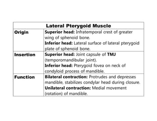 Lateral Pterygoid Muscle
Origin Superior head: Infratemporal crest of greater
wing of sphenoid bone.
Inferior head: Lateral surface of lateral pterygoid
plate of sphenoid bone.
Insertion Superior head: Joint capsule of TMJ
(temporomandibular joint).
Inferior head: Pterygoid fovea on neck of
condyloid process of mandible.
Function Bilateral contraction: Protrudes and depresses
mandible, stabilizes condylar head during closure.
Unilateral contraction: Medial movement
(rotation) of mandible.
 