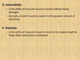 3. Extensibility
– is the ability of muscular tissue to stretch without being
damaged
– normally, smooth muscle is subject to the greatest amount of
stretching
4. Elasticity
– is the ability of muscular tissue to return to its original length &
shape after contraction or extension
 