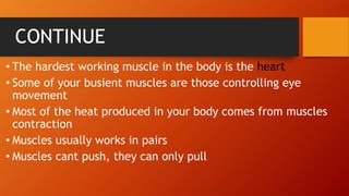 CONTINUE
• The hardest working muscle in the body is the heart
• Some of your busient muscles are those controlling eye
movement
• Most of the heat produced in your body comes from muscles
contraction
• Muscles usually works in pairs
• Muscles cant push, they can only pull
 