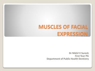MUSCLES OF FACIAL
EXPRESSION
Dr Nikhil V Suresh
First Year PG
Department of Public Health Dentistry
 
