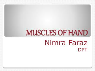 MUSCLES OF HAND
Nimra Faraz
DPT
 