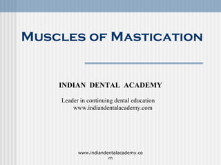 Muscles of Mastication
INDIAN DENTAL ACADEMY
Leader in continuing dental education
www.indiandentalacademy.com
www.indiandentalacademy.co
m
 