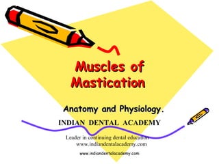 Muscles ofMuscles of
MasticationMastication
Anatomy and Physiology.Anatomy and Physiology.
INDIAN DENTAL ACADEMY
Leader in continuing dental education
www.indiandentalacademy.com
www.indiandentalacademy.com
 