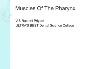 Muscles Of The Pharynx
V.S.Rashmi Priyem
ULTRA’S BEST Dental Science College
 