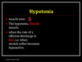 Hypotonia
 muscle tone
 The hypotonic, flaccid
muscle.
 when the rate of γ
efferent discharge is
low, i.e. when
stretch reflex becomes
hypoactive.
Tuesday, February 4, 2020
 
