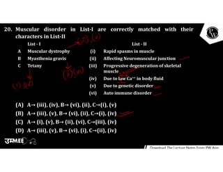 20. Muscular disorder in List-I are correctly matched with their
characters in List-II
(A) A→ (iii), (iv), B→ (vi), (ii), C→(i), (v)
(B) A→ (iii), (v), B→ (vi), (ii), C→(i), (iv)
(C) A→ (i), (v), B→ (ii), (vi), C→(iii), (iv)
(D) A→ (iii), (v), B→ (vi), (i), C→(ii), (iv)
List - I List - II
A Muscular dystrophy (i) Rapid spasms in muscle
B Myasthenia gravis (ii) Affecting Neuromuscular junction
C Tetany (iii) Progressive degeneration of skeletal
muscle
(iv) Due to law Ca++ in body fluid
(v) Due to genetic disorder
(vi) Auto immune disorder
 