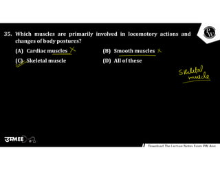 35. Which muscles are primarily involved in locomotory actions and
changes of body postures?
(A) Cardiac muscles (B) Smooth muscles
(C) Skeletal muscle (D) All of these
 