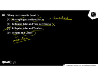 48. Ciliary movement is found in :
(A) Macrophages and leucocytes
(B) Fallopian tube and vasa deferentia
(C) Fallopian tube and Trachea
(D) Tongue and Limbs
 