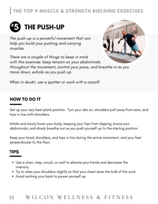 Keep your head, shoulders, and hips in line during the entire movement, and your feet
perpendicular to the floor.
HOW TO DO IT
Set up your very best plank position. Turn your abs on, shoulders pull away from ears, and
hips in line with shoulders.
Inhale and slowly lower your body, keeping your hips from dipping, brace your
abdominals, and slowly breathe out as you push yourself up to the starting position.
Use a chair, step, couch, or wall to elevate your hands and decrease the
intensity.
Try to relax your shoulders slightly so that your chest does the bulk of the work
Avoid arching your back to power yourself up
TIPS
1 1
THE PUSH-UP
THE TOP 9 MUSCLE & STRENGTH BUILDING EXERCISES
5
#
The push-up is a powerful movement that can
help you build your pushing and carrying
muscles.
When in doubt, use a spotter or work with a coach!
There are a couple of things to keep in mind
with this exercise: keep tension on your abdominals
throughout the movement, control your pace, and breathe in as you
move down, exhale as you push up.
W I L C O X W E L L N E S S & F I T N E S S
 