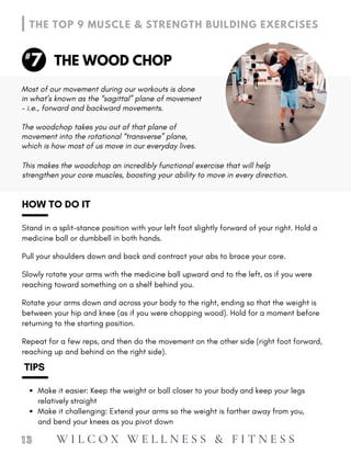 Repeat for a few reps, and then do the movement on the other side (right foot forward,
reaching up and behind on the right side).
HOW TO DO IT
Stand in a split-stance position with your left foot slightly forward of your right. Hold a
medicine ball or dumbbell in both hands.
Pull your shoulders down and back and contract your abs to brace your core.
Slowly rotate your arms with the medicine ball upward and to the left, as if you were
reaching toward something on a shelf behind you.
Rotate your arms down and across your body to the right, ending so that the weight is
between your hip and knee (as if you were chopping wood). Hold for a moment before
returning to the starting position.
Make it easier: Keep the weight or ball closer to your body and keep your legs
relatively straight
Make it challenging: Extend your arms so the weight is farther away from you,
and bend your knees as you pivot down
TIPS
1 3
THE WOOD CHOP
THE TOP 9 MUSCLE & STRENGTH BUILDING EXERCISES
7
#
The woodchop takes you out of that plane of
movement into the rotational “transverse” plane,
which is how most of us move in our everyday lives.
Most of our movement during our workouts is done
in what’s known as the “sagittal” plane of movement
– i.e., forward and backward movements.
This makes the woodchop an incredibly functional exercise that will help
strengthen your core muscles, boosting your ability to move in every direction.
W I L C O X W E L L N E S S & F I T N E S S
 