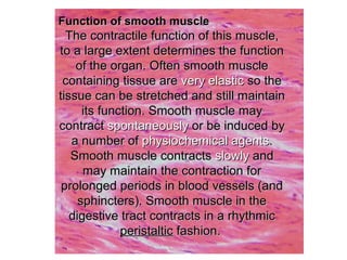Function of smooth muscleFunction of smooth muscle
The contractile function of this muscle,The contractile function of this muscle,
to a large extent determines the functionto a large extent determines the function
of the organ. Often smooth muscleof the organ. Often smooth muscle
containing tissue arecontaining tissue are very elasticvery elastic so theso the
tissue can be stretched and still maintaintissue can be stretched and still maintain
its function. Smooth muscle mayits function. Smooth muscle may
contractcontract spontaneouslyspontaneously or be induced byor be induced by
a number ofa number of physiochemical agentsphysiochemical agents..
Smooth muscle contractsSmooth muscle contracts slowlyslowly andand
may maintain the contraction formay maintain the contraction for
prolonged periods in blood vessels (andprolonged periods in blood vessels (and
sphincters). Smooth muscle in thesphincters). Smooth muscle in the
digestive tract contracts in a rhythmicdigestive tract contracts in a rhythmic
peristalticperistaltic fashion.fashion.
 