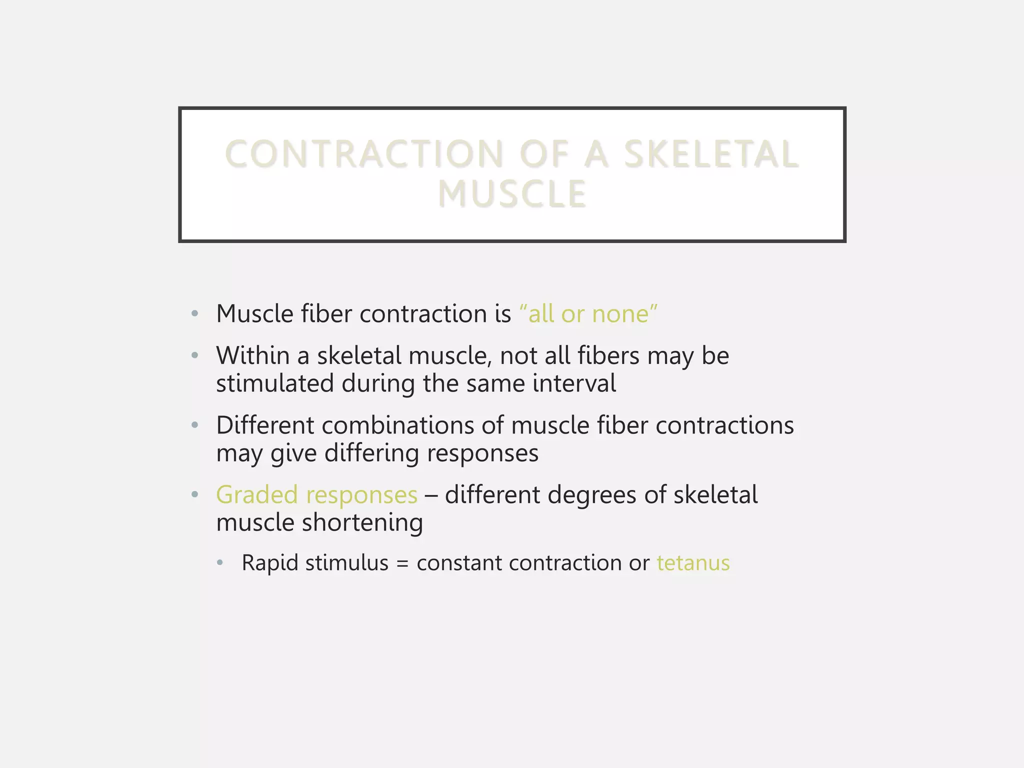 CONTRACTION OF A SKELETAL
MUSCLE
• Muscle fiber contraction is “all or none”
• Within a skeletal muscle, not all fibers may be
stimulated during the same interval
• Different combinations of muscle fiber contractions
may give differing responses
• Graded responses – different degrees of skeletal
muscle shortening
• Rapid stimulus = constant contraction or tetanus
 