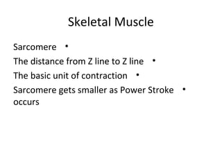 Skeletal Muscle
•Sarcomere
•The distance from Z line to Z line
•The basic unit of contraction
•Sarcomere gets smaller as Power Stroke
occurs
 