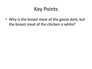 Key Points
• Why is the breast meat of the goose dark, but
the breast meat of the chicken is white?
 