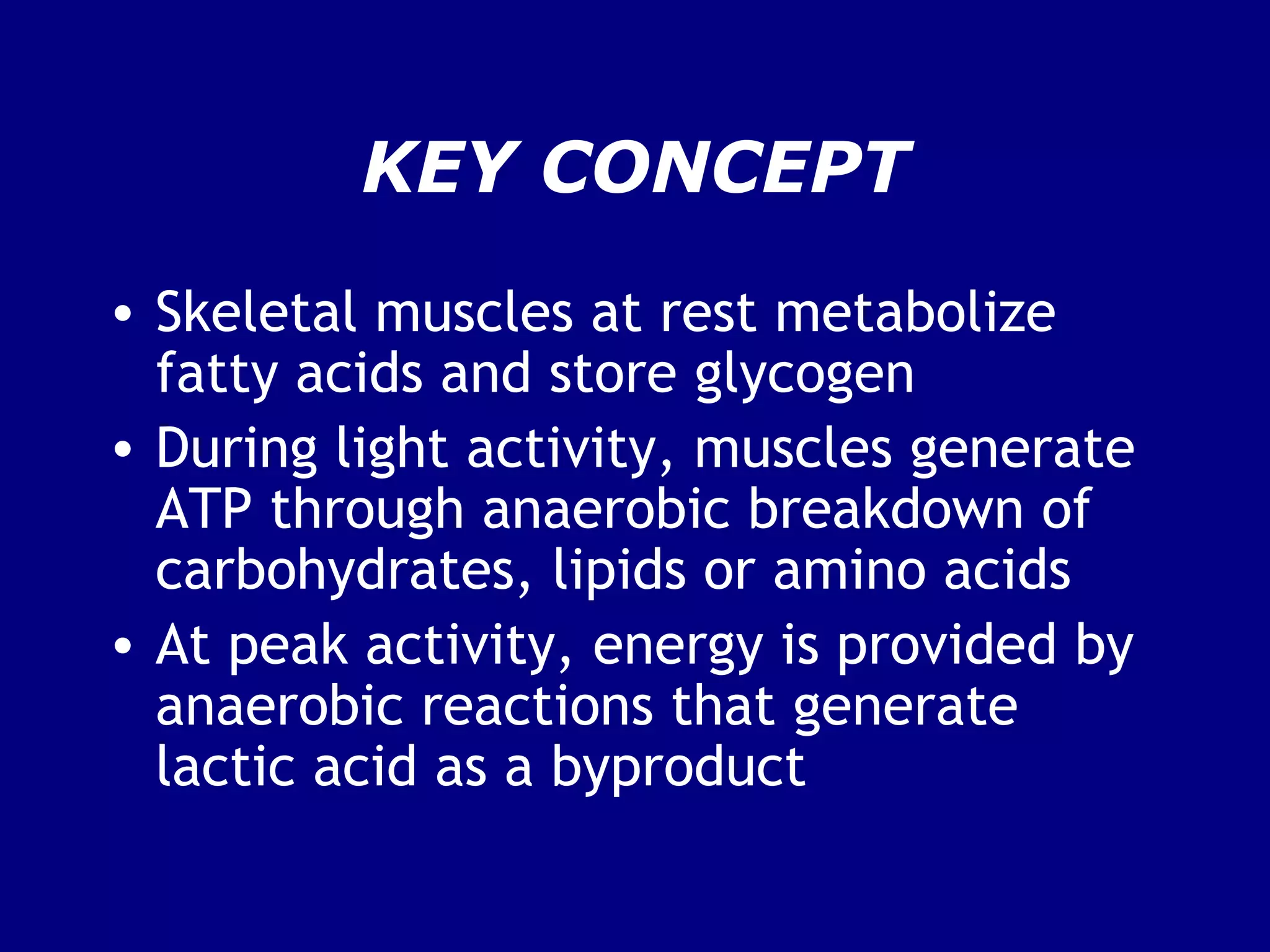 KEY CONCEPT
• Skeletal muscles at rest metabolize
fatty acids and store glycogen
• During light activity, muscles generate
ATP through anaerobic breakdown of
carbohydrates, lipids or amino acids
• At peak activity, energy is provided by
anaerobic reactions that generate
lactic acid as a byproduct
 