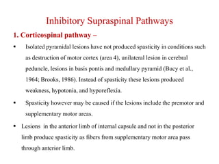 Inhibitory Supraspinal Pathways
1. Corticospinal pathway –


Isolated pyramidal lesions have not produced spasticity in conditions such

as destruction of motor cortex (area 4), unilateral lesion in cerebral
peduncle, lesions in basis pontis and medullary pyramid (Bucy et al.,
1964; Brooks, 1986). Instead of spasticity these lesions produced
weakness, hypotonia, and hyporeflexia.


Spasticity however may be caused if the lesions include the premotor and
supplementary motor areas.

 Lesions in the anterior limb of internal capsule and not in the posterior
limb produce spasticity as fibers from supplementary motor area pass
through anterior limb.

 