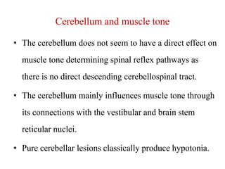 Cerebellum and muscle tone
• The cerebellum does not seem to have a direct effect on

muscle tone determining spinal reflex pathways as
there is no direct descending cerebellospinal tract.
• The cerebellum mainly influences muscle tone through
its connections with the vestibular and brain stem
reticular nuclei.
• Pure cerebellar lesions classically produce hypotonia.

 