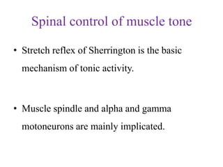 Spinal control of muscle tone
• Stretch reflex of Sherrington is the basic
mechanism of tonic activity.

• Muscle spindle and alpha and gamma
motoneurons are mainly implicated.

 