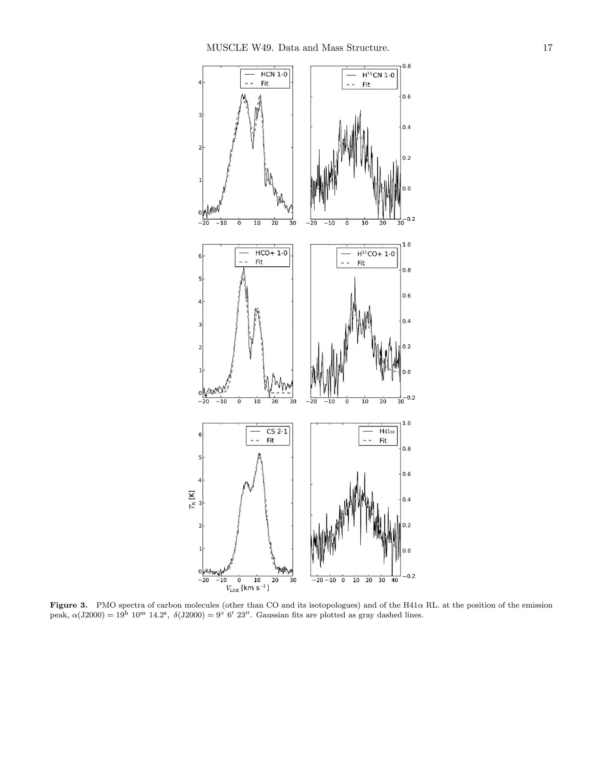 MUSCLE W49. Data and Mass Structure.

17

Figure 3. PMO spectra of carbon molecules (other than CO and its isotopologues) and of the H41α RL. at the position of the emission
peak, α(J2000) = 19h 10m 14.2s , δ(J2000) = 9◦ 6 23 . Gaussian ﬁts are plotted as gray dashed lines.

 