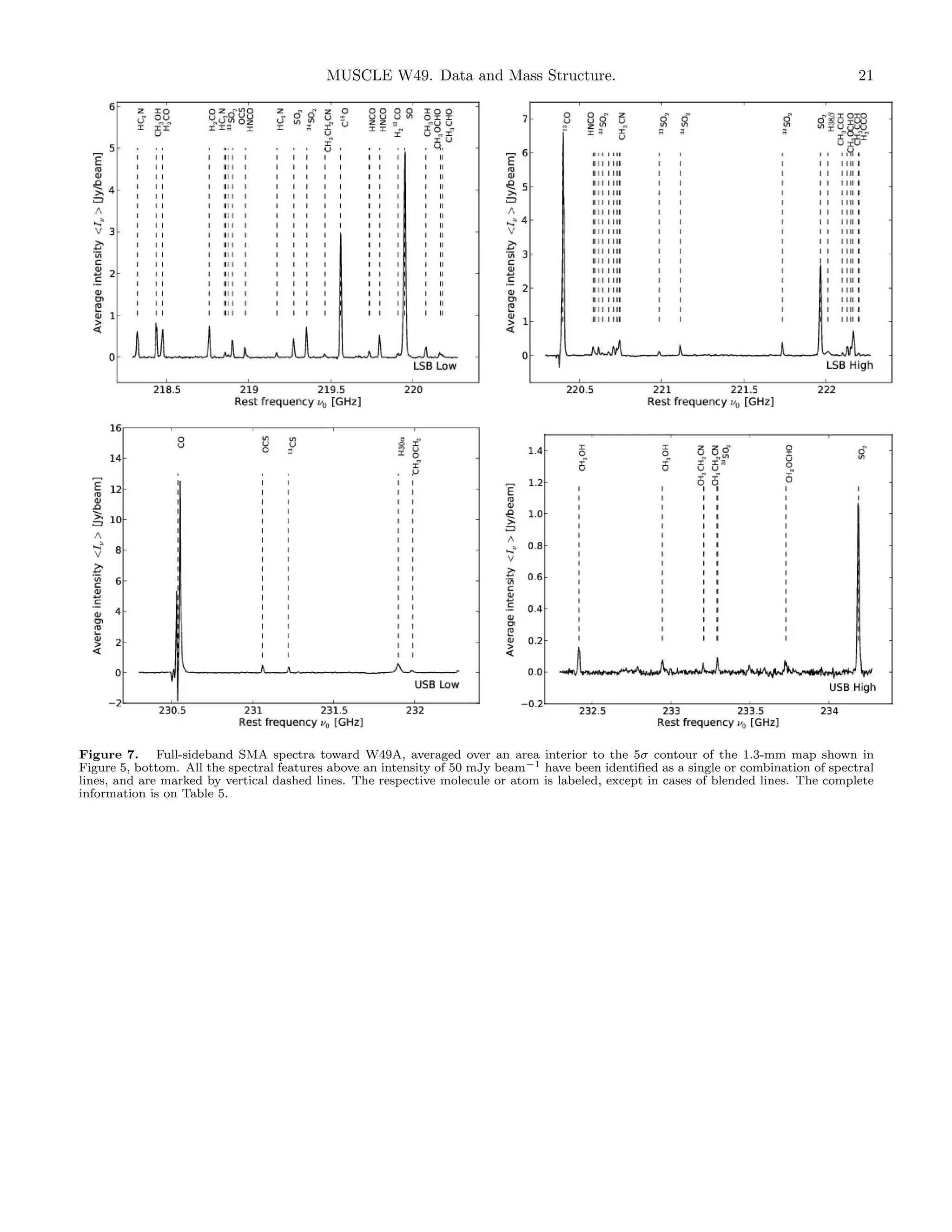 MUSCLE W49. Data and Mass Structure.

21

Figure 7. Full-sideband SMA spectra toward W49A, averaged over an area interior to the 5σ contour of the 1.3-mm map shown in
Figure 5, bottom. All the spectral features above an intensity of 50 mJy beam−1 have been identiﬁed as a single or combination of spectral
lines, and are marked by vertical dashed lines. The respective molecule or atom is labeled, except in cases of blended lines. The complete
information is on Table 5.

 
