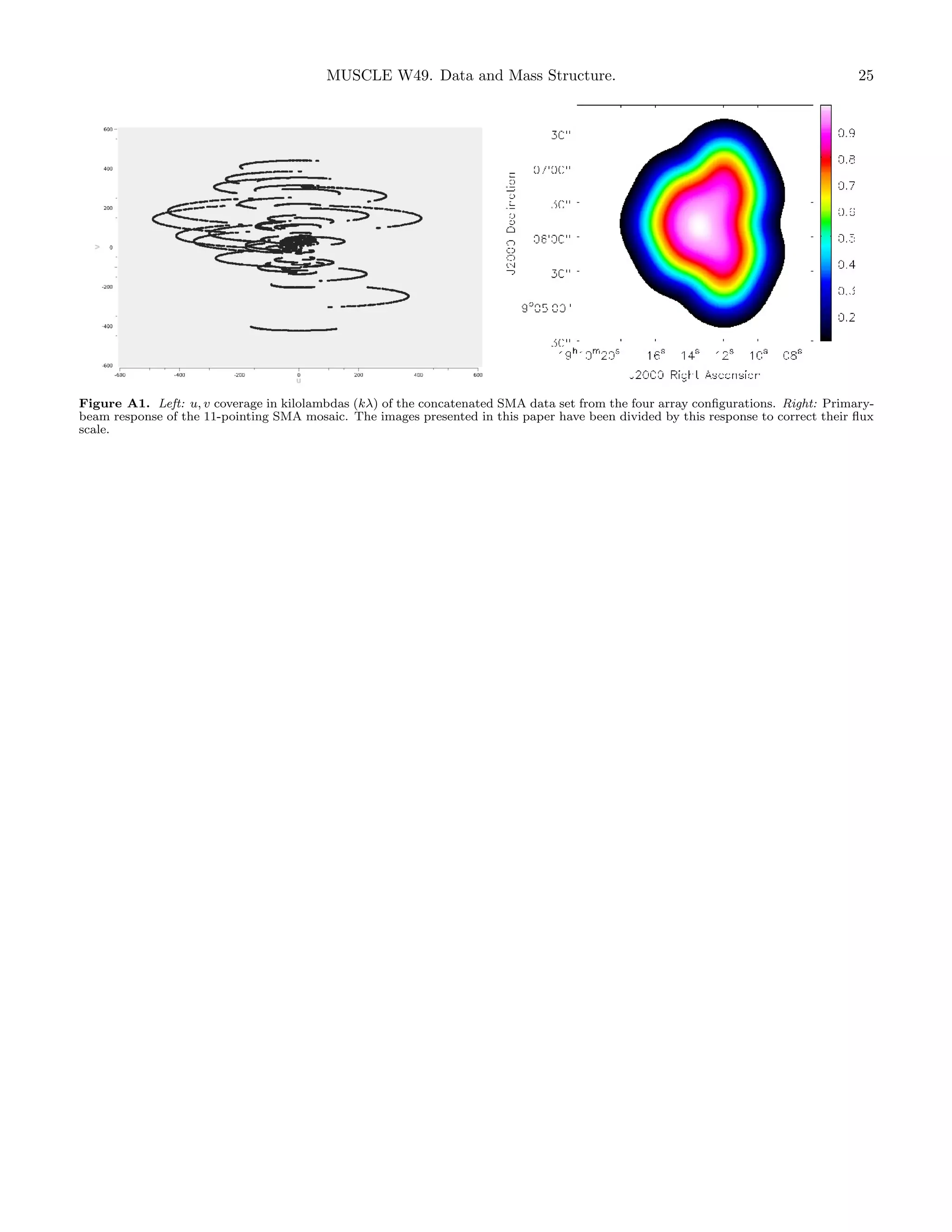 MUSCLE W49. Data and Mass Structure.

25

Figure A1. Left: u, v coverage in kilolambdas (kλ) of the concatenated SMA data set from the four array conﬁgurations. Right: Primarybeam response of the 11-pointing SMA mosaic. The images presented in this paper have been divided by this response to correct their ﬂux
scale.

 