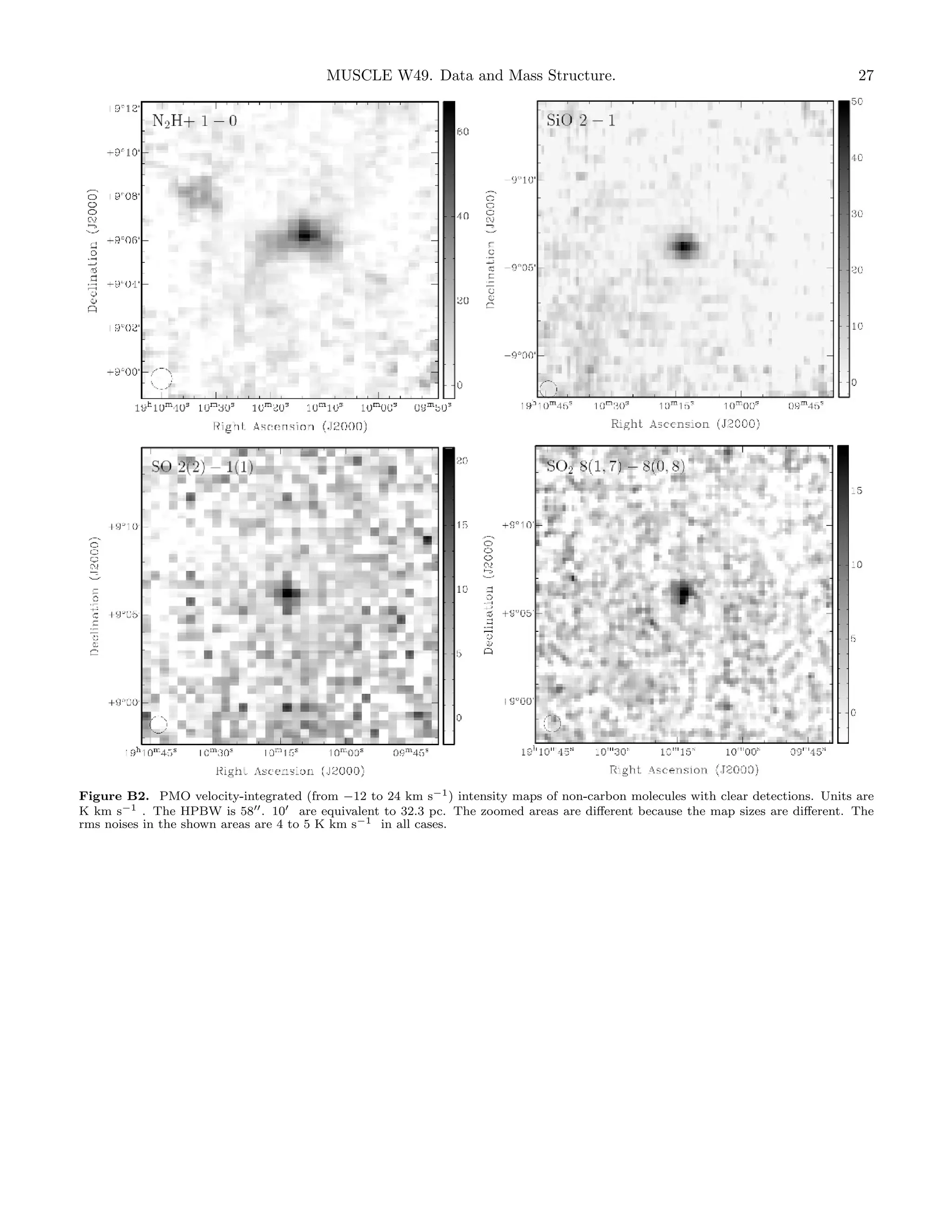 MUSCLE W49. Data and Mass Structure.

27

Figure B2. PMO velocity-integrated (from −12 to 24 km s−1 ) intensity maps of non-carbon molecules with clear detections. Units are
K km s−1 . The HPBW is 58 . 10 are equivalent to 32.3 pc. The zoomed areas are diﬀerent because the map sizes are diﬀerent. The
rms noises in the shown areas are 4 to 5 K km s−1 in all cases.

 