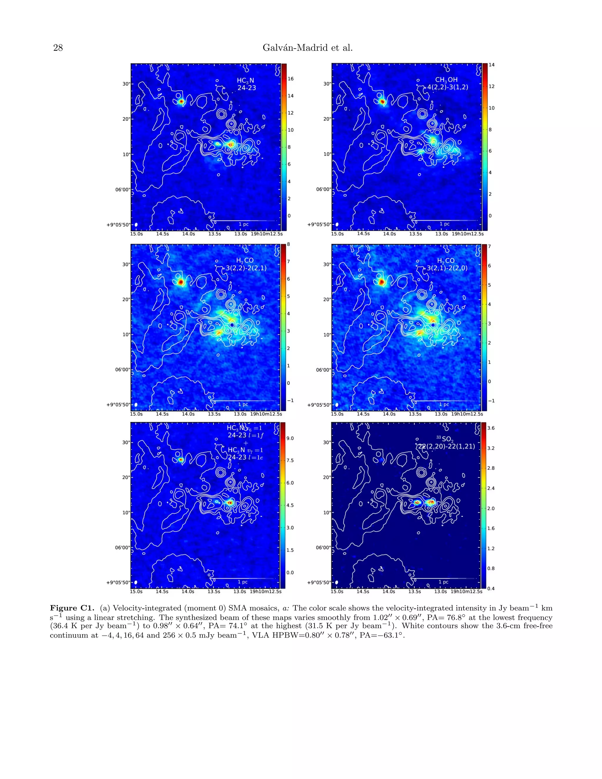 28

Galv´n-Madrid et al.
a

Figure C1. (a) Velocity-integrated (moment 0) SMA mosaics, a: The color scale shows the velocity-integrated intensity in Jy beam−1 km
s−1 using a linear stretching. The synthesized beam of these maps varies smoothly from 1.02 × 0.69 , PA= 76.8◦ at the lowest frequency
(36.4 K per Jy beam−1 ) to 0.98 × 0.64 , PA= 74.1◦ at the highest (31.5 K per Jy beam−1 ). White contours show the 3.6-cm free-free
continuum at −4, 4, 16, 64 and 256 × 0.5 mJy beam−1 , VLA HPBW=0.80 × 0.78 , PA=−63.1◦ .

 