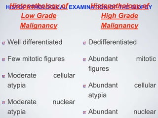 HISTOPATHOLOGICAL EXAMINATION OF THE BIOPSYHistopathology of
Low Grade
Malignancy
Well differentiated
Few mitotic figures
Moderate cellular
atypia
Moderate nuclear
atypia
Histopathology of
High Grade
Malignancy
Dedifferentiated
Abundant mitotic
figures
Abundant cellular
atypia
Abundant nuclear
 