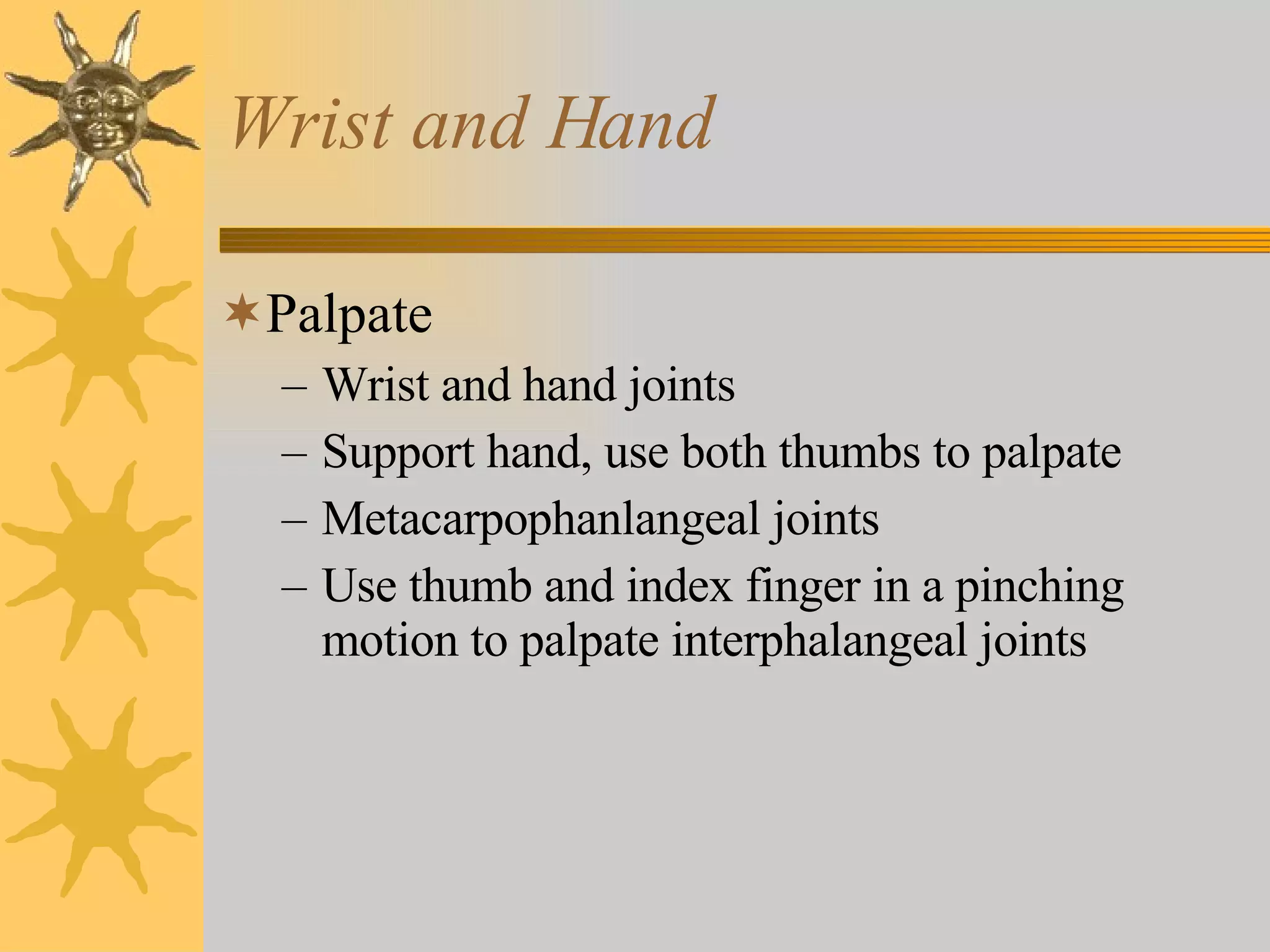 Wrist and Hand Palpate Wrist and hand joints Support hand, use both thumbs to palpate Metacarpophanlangeal joints Use thumb and index finger in a pinching motion to palpate interphalangeal joints 
