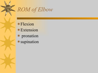 ROM of Elbow Flexion Extension pronation supination 