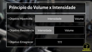 • Objetivo Hipertrofia
• Objetivo Resistência
• Objetivo Emagrecer
Intensidade Volume
Intensidade Volume
???
 
