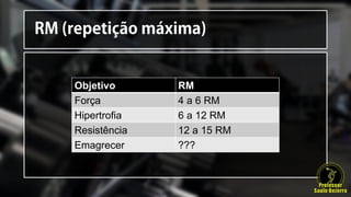 Objetivo RM
Força 4 a 6 RM
Hipertrofia 6 a 12 RM
Resistência 12 a 15 RM
Emagrecer ???
 