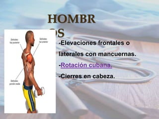 HOMBR
OS
-Elevaciones frontales o
laterales con mancuernas.
-Rotación cubana.
-Cierres en cabeza.

 